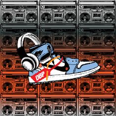 a pair of sneakers with headphones on top of them in front of stacks of sound equipment