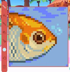 a pixelated photo of a goldfish in the water with palm trees behind it