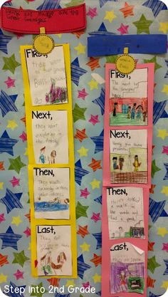 two bulletin boards with pictures on them and the words first, next, then written in different colors