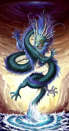 a green and blue dragon sitting on top of a wave in the ocean with its mouth open