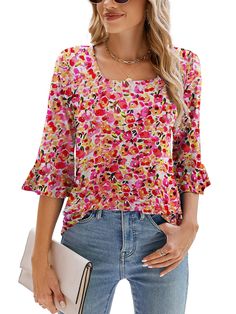 PRICES MAY VARY. [Material]: Poetsky Womens 3/4 sleeve tops and blouses are Soft and stretchy, breathable, comfortable to wear, not see throught, not clingy. [Features]: Classic Square neck shirts for women, 3/4 Ruffle sleeves womens tops, Solid Color and Pretty Floral Print Style, Loose Casual Tunic Tops, Long enough flowy hem to hide belly and hips, all year around cute tops. [Match]: This 3/4 Sleeve T Shirt is basic and stylish, can match with jeans, leggings, shorts, skirts and sweatpants; I V Neck Shirts, Fitted Tunic, Womens Tops Dressy, Ruffled Tunic, Tunic Tops Casual, Tops Casual, Ruffled Sleeve Top, Loose Shirts, Work Tops