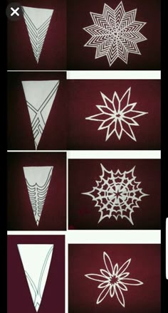 several different types of snowflakes are shown in white on maroon paper, and each has