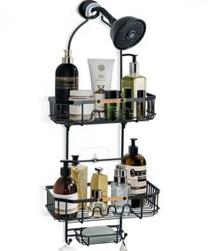 two tiered shower caddy with soaps, shampoos and lotions