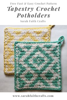 two crocheted potholders with text overlay that reads free easy and easy croche