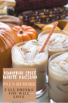 pumpkin spice white russian drinks with text overlay that reads, pumpkin spice white russian plus 10 more fall drinks you will love