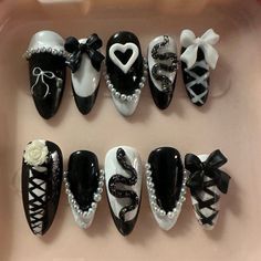 White With Black Nails, White Gothic Nails, Emo Gel Nails, Soft Goth Nails, Goth Coffin Nails, Black Nails Medium Length, Cute Emo Nails, Cute Grunge Nails, Scene Nails Emo