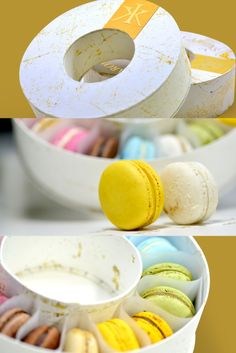 three different types of macaroons in white containers