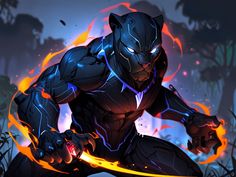 a black panther with flames in the background