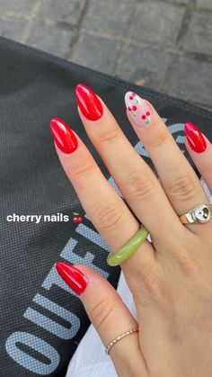 Cherry Accent Nail, Red Nails With Accent, Kutek Disney, Spring Acrylic Nails, Red Acrylic Nails, Cherry Nails, Summery Nails, Simple Acrylic Nails, Long Acrylic