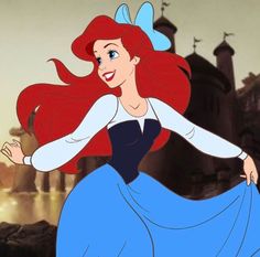 the little mermaid from disney's animated movie is dancing in front of an old castle