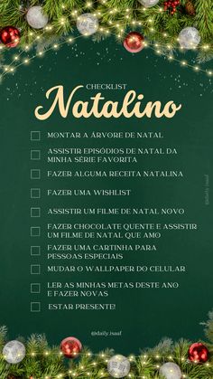 a green christmas card with the words natino written in spanish and surrounded by ornaments