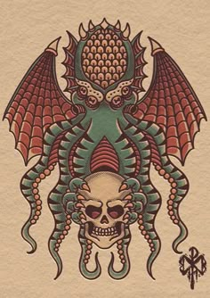 an image of a skull and dragon tattoo design