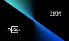 the logo for ibm and truqua is shown in black and blue colors on a dark background