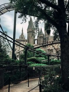 an amusement park with a roller coaster and castle in the backgroung area