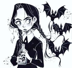 a drawing of a girl holding a bottle with bats flying around her and behind her