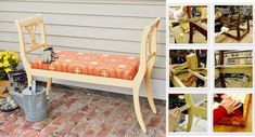 a wooden bench with an orange cushion on it sitting in front of a house next to flowers