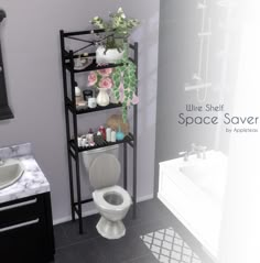 a bathroom scene with focus on the toilet and shelving unit in the corner near the sink