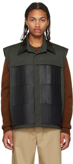 Paneled cotton-blend canvas vest. Rubberized fringe detailing throughout. · Spread collar · Concealed button closure · Box pleat at back yoke · Quilted twill lining Supplier color: Khaki green Canvas Vest, Fringe Vest, Outerwear Vest, Box Pleats, Khaki Green, Color Khaki, Apparel Accessories, Cotton Blend, Women Wear