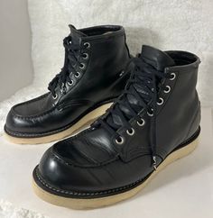 Red Wing Shoes-70's Vintage, 8179, Black, Leather, Made In USA, Classic/Heritage Moc Toe, Irish Setter, Outdoor/Work Boots. Size-8D Condition-Exceptional for age. Left top boot has tear in the seam/Right top boot has a tiny tear in the seam (shown in last few pictures). Any questions please ask:) Red Wings Boots, Irish Setter Boots, Leather Work Boots, Red Wing Shoes, Wing Shoes, Work Boots Men, Red Wing, Mens Shoes Boots, Red Wings