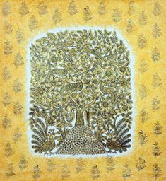 an intricately designed painting with peacocks and flowers on yellow paper, in the middle of