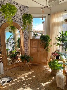 a living room filled with lots of plants next to a large mirror on the wall