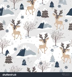 seamless christmas pattern with deers and trees