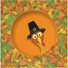 a turkey with a pilgrim hat on it's head is surrounded by autumn leaves