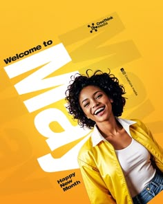 a woman with curly hair is smiling in front of a yellow background that says, welcome to pam