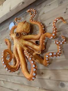 an octopus sculpture is hanging on the wall