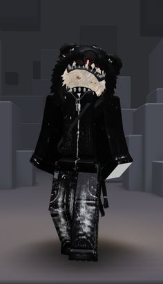 a person in a black outfit with a hood on and an animal mask over their face