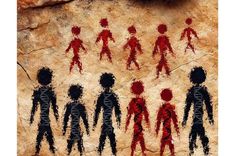 an image of some people painted on the side of a rock with red and black paint