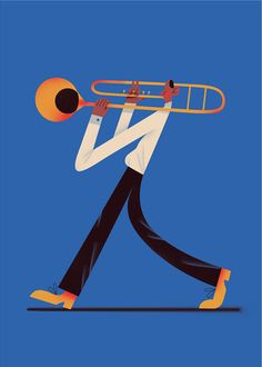 a man with a trumpet in his hand is walking down the street, against a blue background