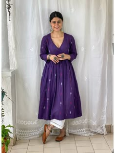 About the Kurta-  Handwoven  Natural Dyed Cotton Jamdani Kalidar Kurta. Speciality - Kurta is in pure Handwoven Jamdani Measurement -    Our sizes are cut for the following body measurements: SIZE - S   Kurta -: Length - 44 inch , Bust - 35inch , Waist - 33 inch , (Kalidar Style) Shoulder - 15 inch , Hip - 40 inch. SIZ Cotton Kurta Designs, Jamdani Kurta, Jamdani Dress, Chakori Ethnic, Handloom Kurta, Long Kurta Designs, Kurta Patterns, Latest Dress Design