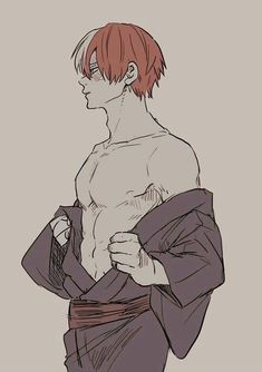 a drawing of a man with red hair wearing a robe and holding his shirt open