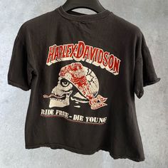 Harley Shirt Outfit, Vintage Cotton Tops For Halloween, Grunge Cotton Tops For Biker Events, Vintage Cotton Tops With Skull Print, Vintage Distressed Halloween T-shirt, Vintage Distressed Tops For Halloween, Vintage Skull Print Tops For Streetwear, Vintage Short Sleeve Tops For Motorcycling, Vintage Acid Wash Tops With Vintage Print