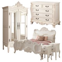 a white bedroom furniture set including a bed, dresser and armoire with mirrored doors