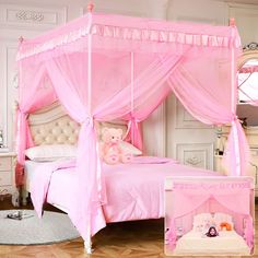 a pink canopy bed sitting on top of a white floor