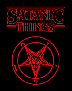 the satanic things logo on a black background with red lettering and an inverted pentagramil