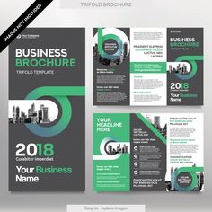 three fold brochure template with green and gray shapes on the front, back and side