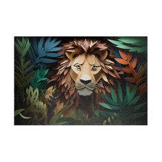 a painting of a lion surrounded by jungle plants and leaves, with eyes open to the side