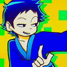 an animated image of a boy with blue hair pointing to the side and wearing a kimono