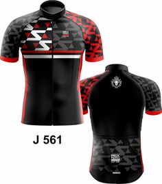 the front and back of a black jersey with red, white and grey triangles on it