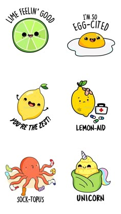 some stickers that have different types of food on them, including lemons and an octopus