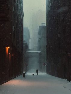 a person walking down a snow covered street in the middle of winter with buildings on either side