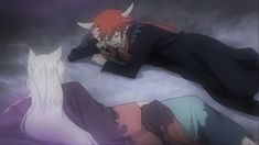 two anime characters laying on the ground with their backs to each other, one has red hair