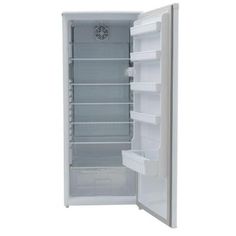 an empty white refrigerator with its door open