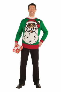 Jolly old St. Nick = big fun! The retro style Big Santa Ugly Christmas Sweater is great for holiday parties, family gatherings and more! Hipster Santa, Tacky Christmas Party, Ugly Sweater Contest, Santa Sweater, Ugly Xmas Sweater, Ugly Christmas Sweater Funny, Funny Christmas Sweaters, Ugly Christmas Sweater Party, Ugly Sweater Party