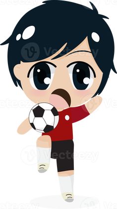 a cartoon boy kicking a soccer ball with his mouth wide open and tongue sticking out