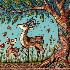 a painting of two deer under a tree