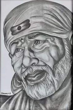 a drawing of an old man with a beard and wearing a turban on his head